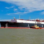 PORT ARANSAS, TX - 22 FEB 2020: The FLEX RANGER, a blue LNG Tanker Ship, on the shipping channel between the Gulf of Mexico and Corpus Christi, Texas