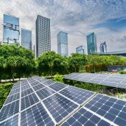 solar panels with cityscape