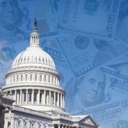 US Capitol building with dollar bills in background