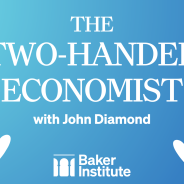 Two-Handed Economist graphic with illustrated hands palm up and holding bar chart and bag of money