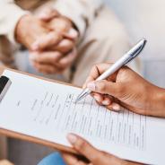 Nurse, clipboard and pen for checklist with patient, healthcare service and medical information.