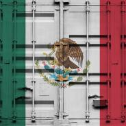 Shipping container with Mexican national flag overlay.