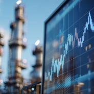 Screen showing oil data chart near oil refining infrastructure