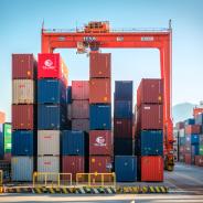 Shipping containers stacked on a cargo ship.