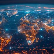A world map with global network connections on the background of city lights at night.