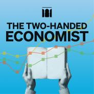 Two hands holding up a book overlaid with a line graph under "The Two-Handed Economist."