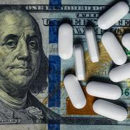 Money backdrop with pills. 