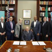 Baker Institute and Rice University leaders gathered to mark contribution signing.