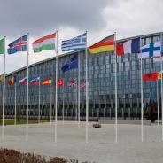 The national flags of countries member of the NATO fly outside the organisation headquarters in Brussels, Belgium on April 20 2023.