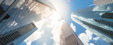 An upward view of Houston's skyscrapers.