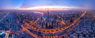 An aerial view of the Dubai skyline.