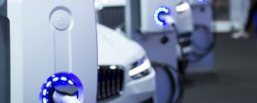 An electric car charges.