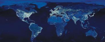 The globe at night, lights in populated areas illuminated