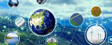 Energy transitions concept: photos and icons represent solar, wind and other alternative resources