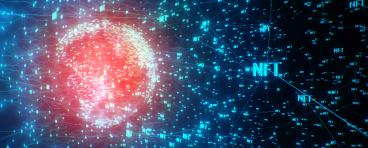 A globe and universe shaped by networks of the word "NFT."