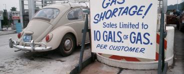 A sign at a gas station during the gasoline shortage and energy crisis of the 1970s