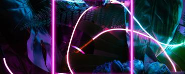 Neon square frame on a dark florlal background
