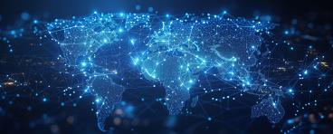 Map of world showing cities connected by digital nodes