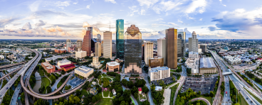 Ariel cityscape view of downtown Houston Texas with park in foreground