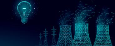 line drawing of nuclear power station and light bulb