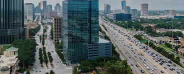 Aerial view of uptown Houston cityscape and Interstate 610