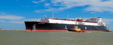 PORT ARANSAS, TX - 22 FEB 2020: The FLEX RANGER, a blue LNG Tanker Ship, on the shipping channel between the Gulf of Mexico and Corpus Christi, Texas