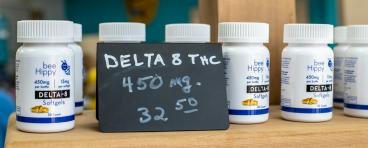 Delta-8 supplements on a shelf at a Texas store.