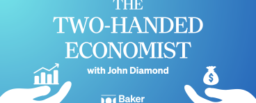 Two-Handed Economist graphic with illustrated hands palm up and holding bar chart and bag of money