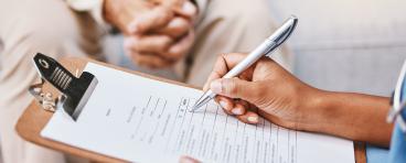 Nurse, clipboard and pen for checklist with patient, healthcare service and medical information.