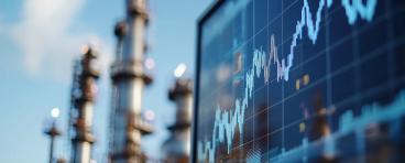 Screen showing oil data chart near oil refining infrastructure