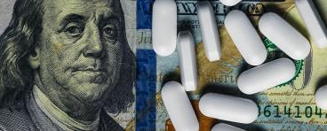 Money backdrop with pills. 