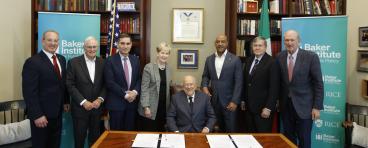 Baker Institute and Rice University leaders gathered to mark contribution signing.