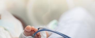 Infant or newborn baby feet with pulse oximeter for determine oxygen saturation in baby's blood, in incubator at intensive room care in the hospital after delivery.